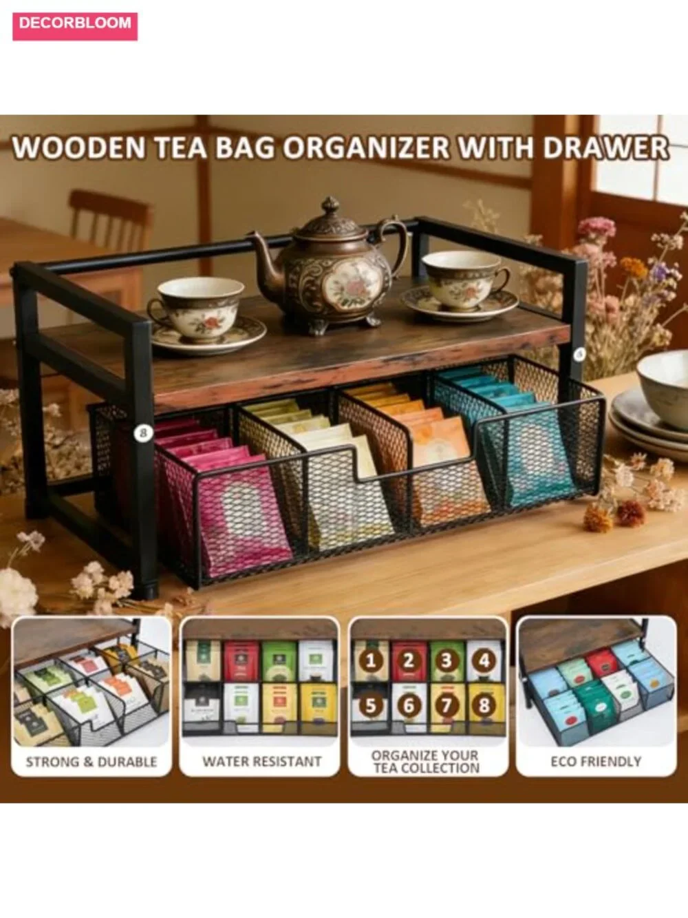 Tea Bag Organizer with Drawer Natural Wood & Metal 8 Compartments with Hooks